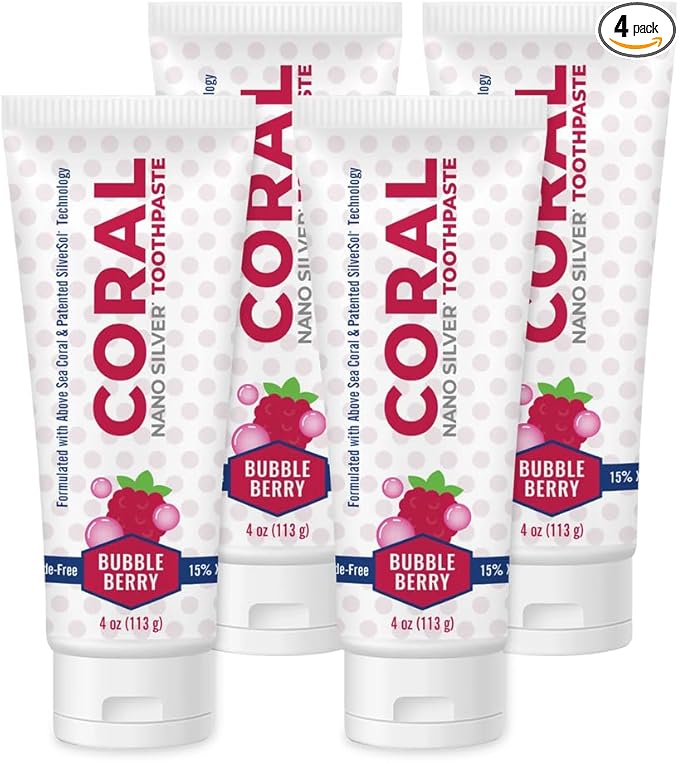 Coral Nano Silver Bubble Berry Kids Toothpaste, Natural Fluoride Free Teeth Whitening Toothpaste, Coral Calcium Nano Silver Infused SLS Free - 4 Ounces (4 Pack)