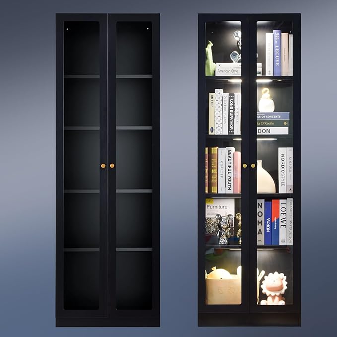 5 Tier Metal Curio Cabinets, 71" Tall Modern Bookshelf Cabinet with 4 Adjustable Shelves, Cabinet Display Case for Home Office, Living Room, Pantry, Assemble Required, Black