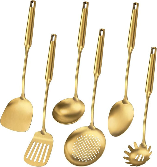 304 Stainless Steel Cooking Utensil,Kitchen Kitchen Utensil with Spatula, Solid Spoon, Ladle, Skimmer, Spaghetti Spoon, 6 Piece Set, Dishwasher Safe(Gold)