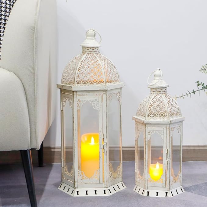 JHY DESIGN Set of 2 Decorative Candle Lanterns 22"&17" H Outdoor Vintage Metal Candle Holder for Garden Living Room Indoor Parties Weddings Patio Home Decor(White with Gold Brush)