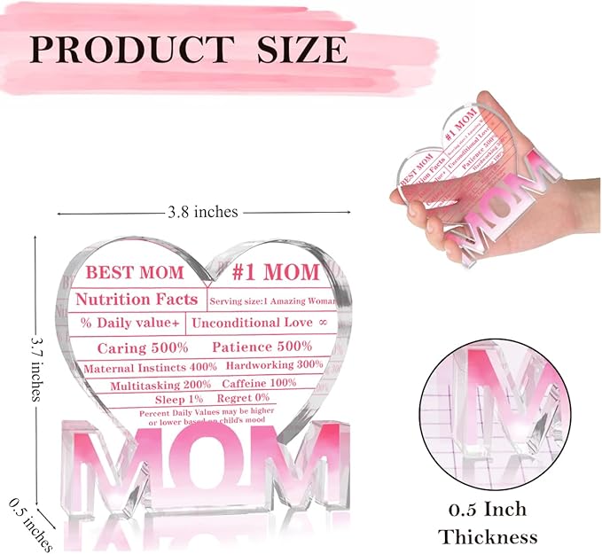 Mothers Day Gifts Best Mom Gifts -Gifts for Mom from Daughter Son - Best Mom Ever Gifts Unique Mother Birthday Acrylic Heart-Shaped Plaque Desk Decorations Present for Mom Christmas Anniversary