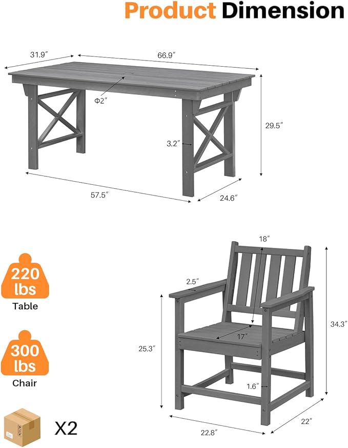 HDPE Patio Dining Set, 5-Piece Outdoor Table and Chairs with Umbrella Hole, Modern Outdoor Dining Set for 4, HDPE Outdoor Patio Furniture Dining Sets for Deck, Poolside, Porch, Smoke Gray