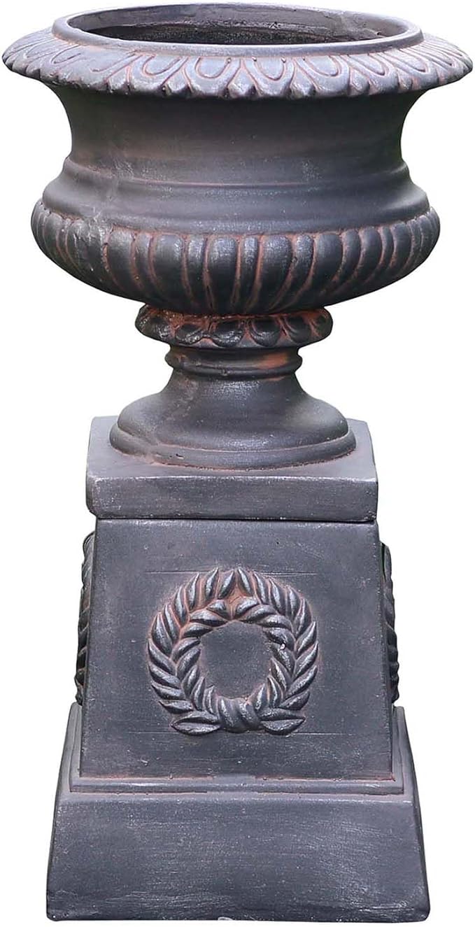 VISIBLE Classic Garden Urn Planter with Pedestal, Black Antique Finish, Cement Fiber Material, Decorative Leaf Pattern, 22 Inch Height, Indoor Outdoor Use, Delivered from Local Warehouse (Black)