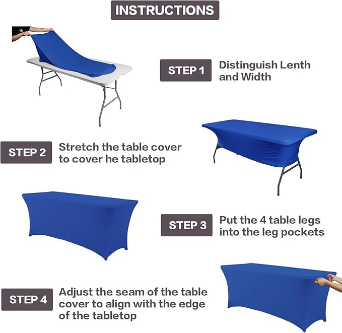 IVAPUPU 2 Pack 8FT Table Cloth for Rectangular Fitted Events Stretch Royal Blue Table Covers Washable Cover Spandex Tablecloth Protector for Party, Wedding, Cocktail, Banquet, Festival