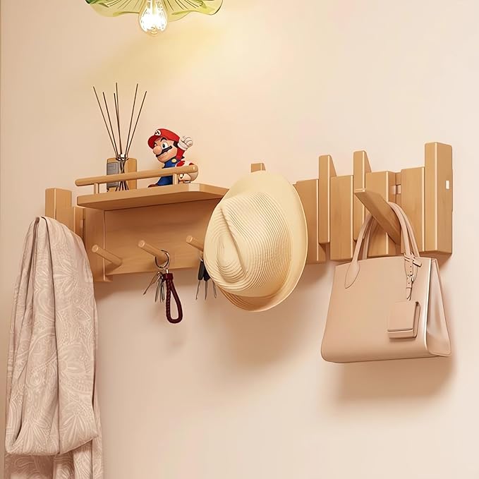 Wall Mounted Piano Key Hanger | Flip Style Hook | Entrance Wall Art Hook, Made of Oak Wood (3 Times Painted, 4 Times Polished) (Fence Beech, 10Hooks)