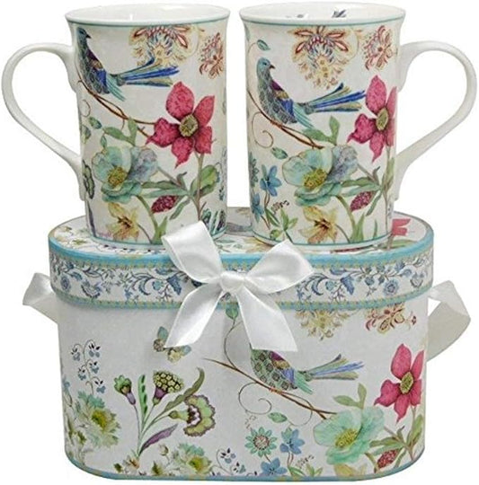 Lightahead Elegant Bone China Two Coffee Mugs set in Blue bird design 11.2 oz each cup in attractive gift box