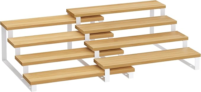 SONGMICS Display Risers, Set of 2 Engineered Wood Perfume Organizer Stand, 4-Tier Cupcake Stand Holder, Spice Rack, Shelf Risers for Figures, Dessert Shelves, Natural Beige and Cloud White UKCS216N02