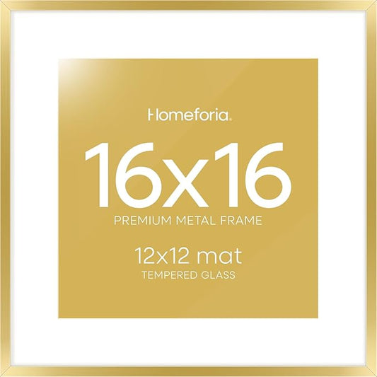 Homeforia 16x16 Picture Frame Gold, High End Metal 16 x 16 Square Poster Frame with Mat 12 x 12 Photo, 16x16 Frame Matted to 12x12 Print, 16by16 Gold Hanging Frames, Tempered Glass, Wall Kit, Set of 1