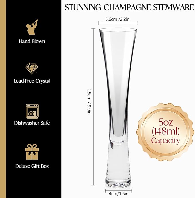 Champagne Flutes Set of 4, Hand Blown Crystal Champagne Glasses, Modern Unique Design, Lead-Free Prosecco Glasses, Elegant Toasting Glasses Gift for Wedding, Anniversary, Birthday, Christmas