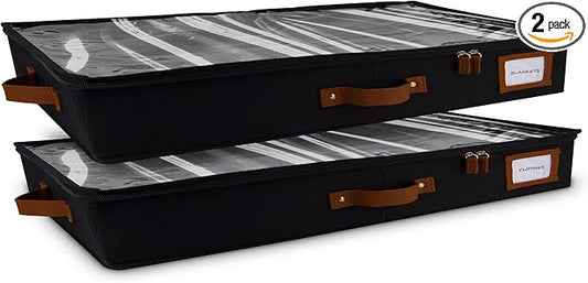 HOMELUX THEORY 2pc Low Profile Under Bed Storage Containers, Thin Under Couch Storage Organizer with Bins & Lids, Underbed Storage Box Ideal for Seasonal Clothes, Blankets, Fabric & Shoes (Black)