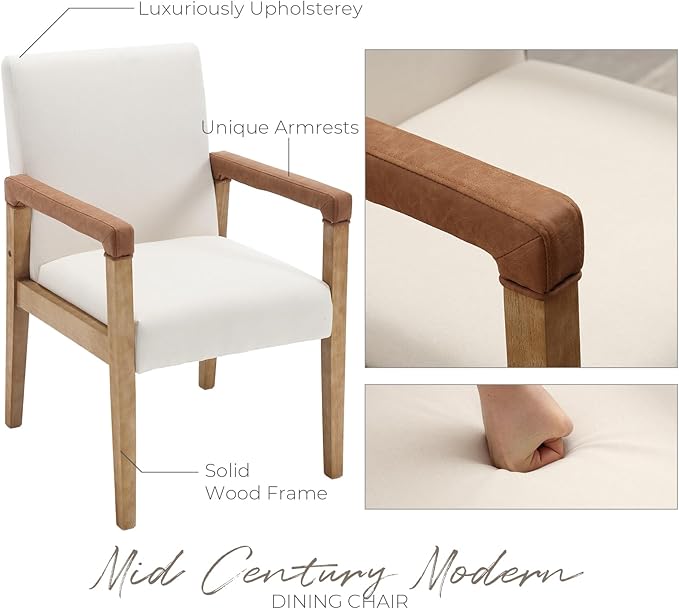 Mid Century Modern Dining Chairs Set of 2 Linen Fabric Upholstered Living Room Side Chair, Kitchen Arm Chair with Solid Wood Legs for Home Kitchen & Restaurant, Linen White