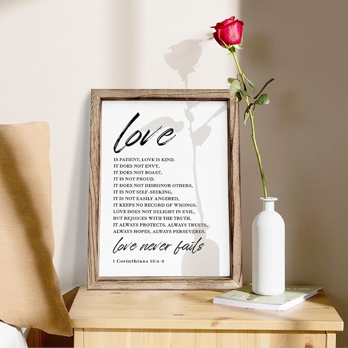 Love Wood Signs, Christian Wooden Wall Sign, Master Bedroom Signs, Inspirational Christian Gift, Home Decor, Framed Wall Plaque Sign 15 * 11.5 inches, Love is the Patient