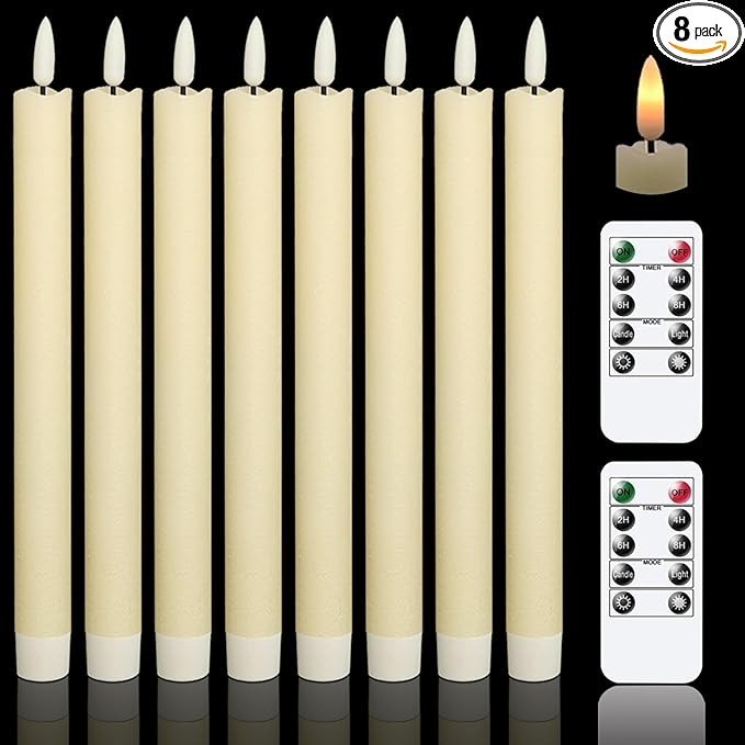 GenSwin Flameless Flickering Taper Candles with 2 Remote Controls and Timer, Real Wax 3D Wick Light Window Candles Battery Operated Pack of 8, Christmas Home Wedding Decor(Ivory, 0.78 X 9.64 Inch)