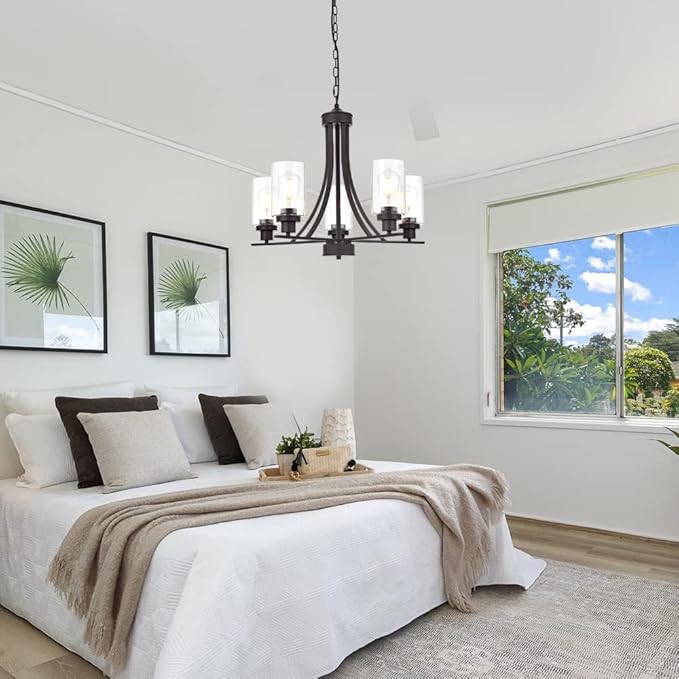 BONLICHT Rustic Kitchen Island 5-Light Oil-Rubbed Bronze Traditional Chandelier Industrial Vintage Pendant Lights Classic Glass Ceiling Lighting UL Listed