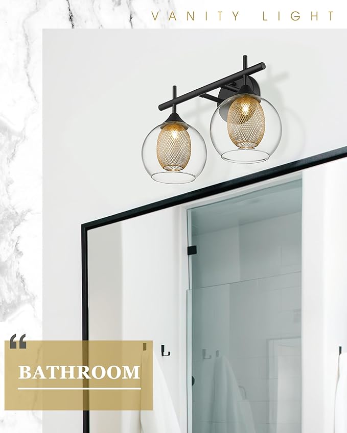 Black and Gold Bathroom Light Fixture, Farmhouse Wall Sconce Lighting with Clear Glass and Honeycomb Metal Shade, 2-Light Black Brass Vanity Light Over Mirror, AD-22001-2W-BK