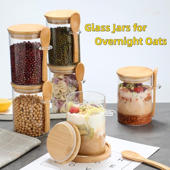 6 Pack Glass Jars with Bamboo Lids and Spoons for Loose Leaf Tea Storage, 17 OZ Glass Overnight Oat Container with Lid and Scoop, Glass Canister Set as Tea Container for Loose Leaf Tea Holder