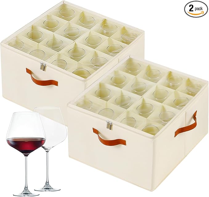 Wine Glass Storage Box with Dividers, 2 Pack Glassware Storage Containers, Stemware Storage Cases Holds 32 Wine Glasses, Stackable Crystal Storage Containers with Clear Cover for Moving，Beige