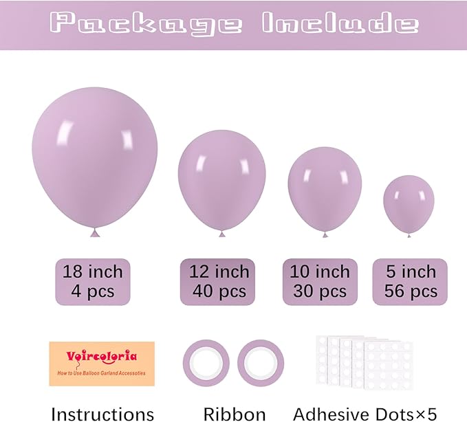 130pcs Lilac Purple Balloons Different Sizes 18" 12" 10" 5" Faded Purple Latex Balloon Garland Arch Kit for Birthday Baby Shower Graduation Wedding Gender Reveal Party Decorations