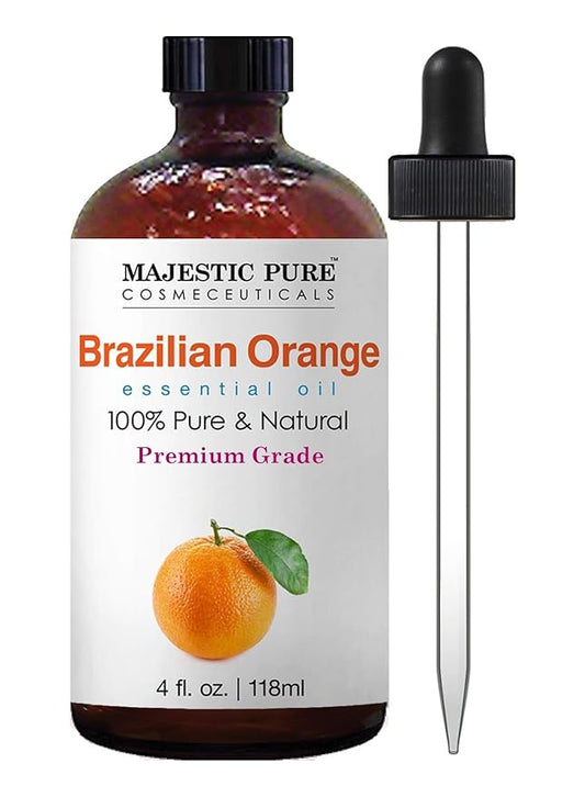Majestic Pure Brazilian Orange Essential Oil with Glass Dropper - Huge 4 Fl Oz - 100% Pure and Natural Br Orange Oil - Premium Grade Essential Oils for Diffuser, Aromatherapy, Soap and Candle Making
