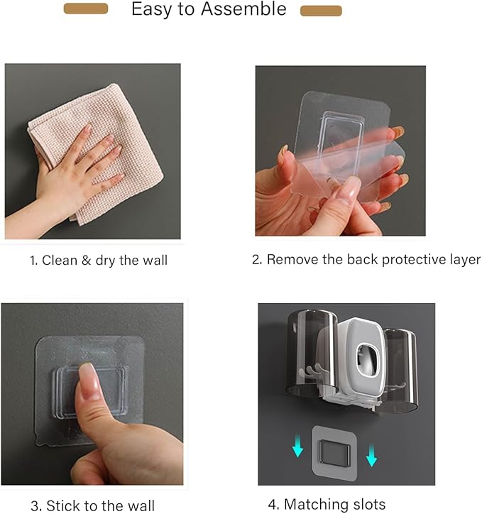 Toothbrush Holders Wall Mounted,Toothpaste Dispenser for Kids Hanging Adhesive Automatic Toothbrush Holders Bathroom Decor with Toothpaste Dispenser 2 Cups - Grey