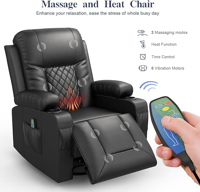 Recliner Chairs for Adults, FSC Certified Massage Rocker with Heated Modern Ergonomic Lounge 360 Degree Swivel Single Sofa Seat Living Room Lounge Recliners Black