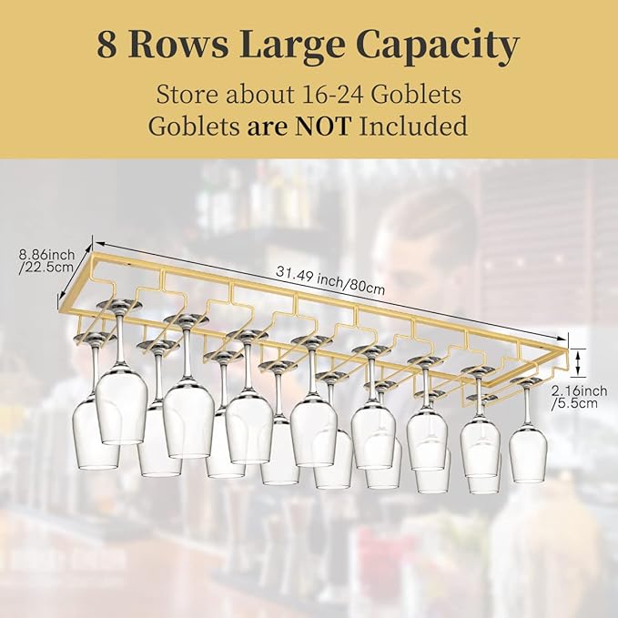 Xverycan Wine Glass Rack Under Cabinet, 8 Row Extreme Large Stemware Hanger, Metal Wine Goblet Holder, DIY Bar Glass Storage Rack for Bar Counter, Kitchen, Screws Included (Gold)