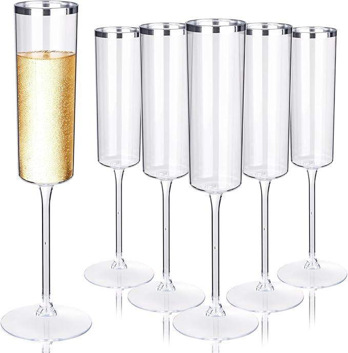 Ciaell 24 Pack Silver Plastic Champagne Flutes - 6 Oz Disposable Champagne Glasses - Square Silver Rim Plastic Toasting Glasses for Party Birthday Anniversary Wedding