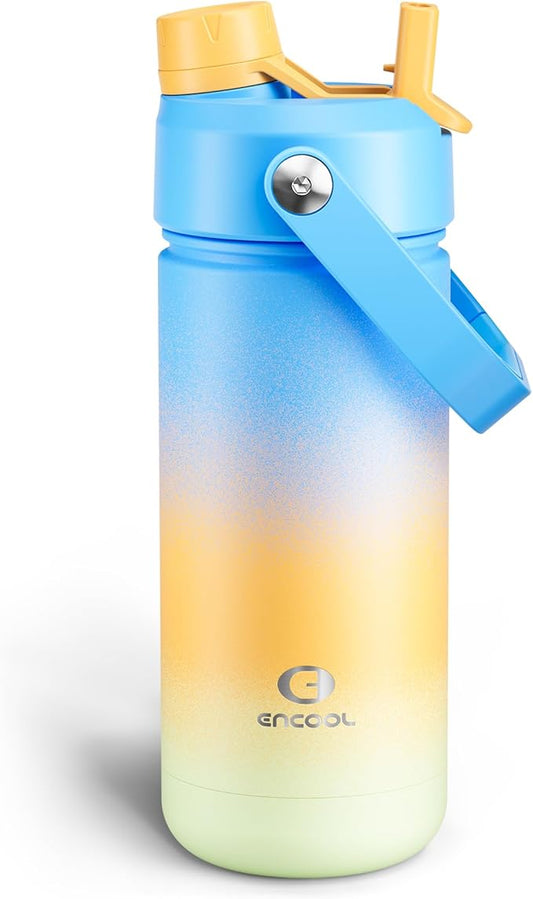 Insulated Water Bottle with Straw Stainless Steel Water Bottle, Leak-Proof, BPA-Free, Double Wall Vacuum Keeps Cold for 24 Hours for Sports, Travel, School (18 oz, Sunny Breeze)