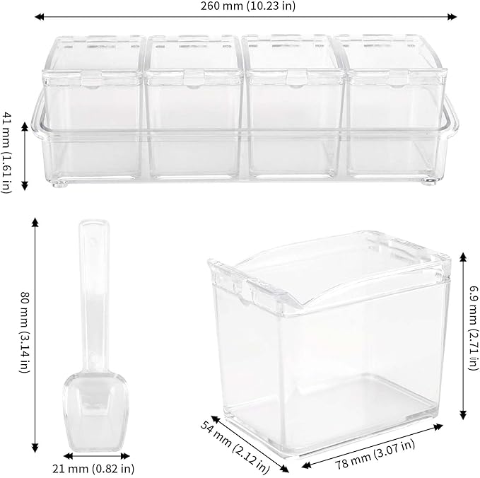 JAPCHET 3 Pack 4 Cell Clear Seasoning Box with Spoons, 10.2 × 3.54 × 3 inch Seasoning Storage Container with Cover, Clear Seasoning Rack Spice Pots for Spice, Salt, Sugar