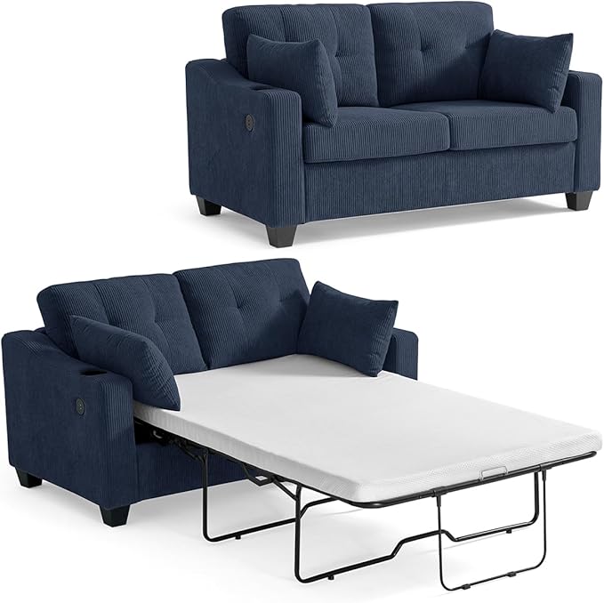 Pull Out Sofa Bed, Full Size Sleeper Sofa, 2-in-1 Convertible Corduroy Couch with USB Charging, Memory Form Couch for Living Room, Apartment and Small Space (Navy Blue, Corduroy - Full Size)