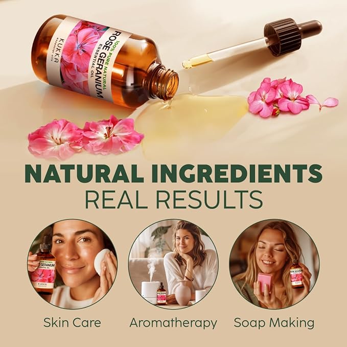 Kukka Rose Geranium Essential Oil for Skin - 4 Fl Oz - 100% Pure Natural Geranium Oil for Diffuser & Aromatherapy - Soap Making Scent & DIY