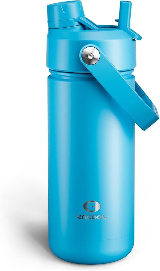 Insulated Water Bottle with Straw Stainless Steel Water Bottle, Leak-Proof, BPA-Free, Double Wall Vacuum Keeps Cold for 24 Hours for Sports, Travel, School (18 oz, Azure Blue)