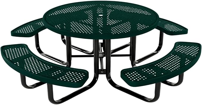 Coated Outdoor Furniture Heavy-Duty Portable Outdoor Kids Table with Umbrella Hole, Punched Steel Kids Picnic Table, Commercial-Grade, Made in America (46 In, Round, Childrens, Dark Green)