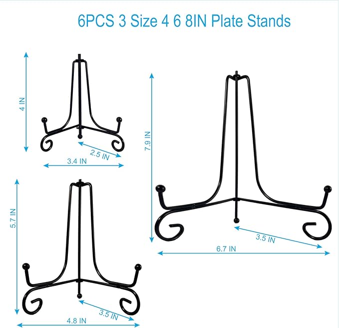 6PCS 3 Size Black Iron Plate Stands for Display - 4, 6, 8 Inch Decorative Metal Plate Holders - Mini Easel, Frame, Book, Card, Plaque, Bowl, Picture Display Stands