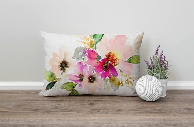 12x20 Inches Pillow Covers Rustic Farmhouse Decor Beautiful Watercolor Flower Pillowcases Cotton Linen Pink Floral Throw Pillow Case Cushion Cover for Sofa Couch Bedroom