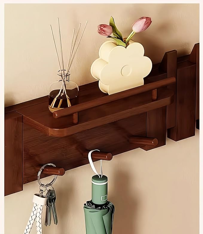 Wall Mounted Piano Key Hanger | Flip Style Hook | Entrance Wall Art Hook, Made of Oak Wood (3 Times Painted, 4 Times Polished) (Fence Walnut, 10Hooks)