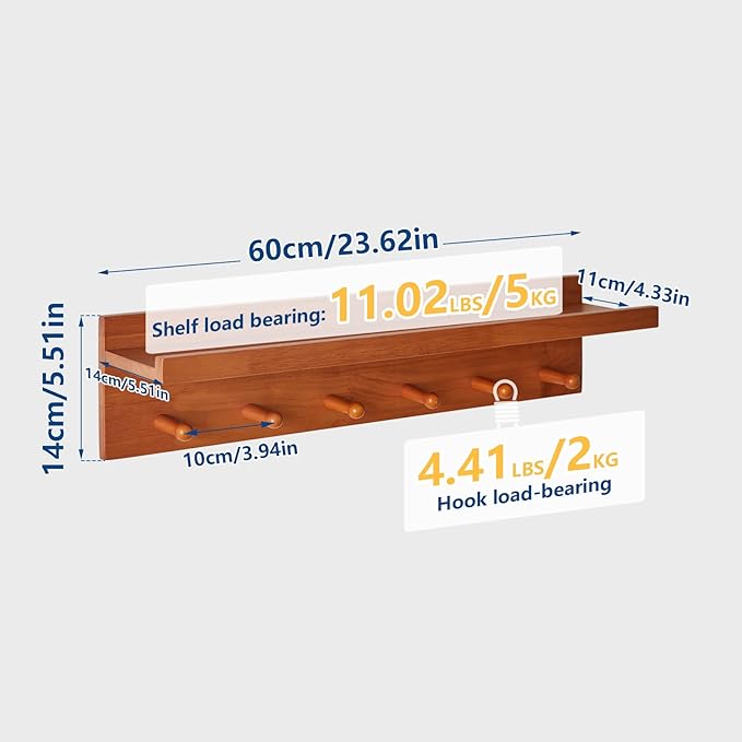 Wall Mounted Hook with Shelf,23.62in Entryway Wall Hanging Shelf,Solid Wood Coat Hooks,for Bathroom, Kitchen,Cherry Wood Color YD-WS0260C