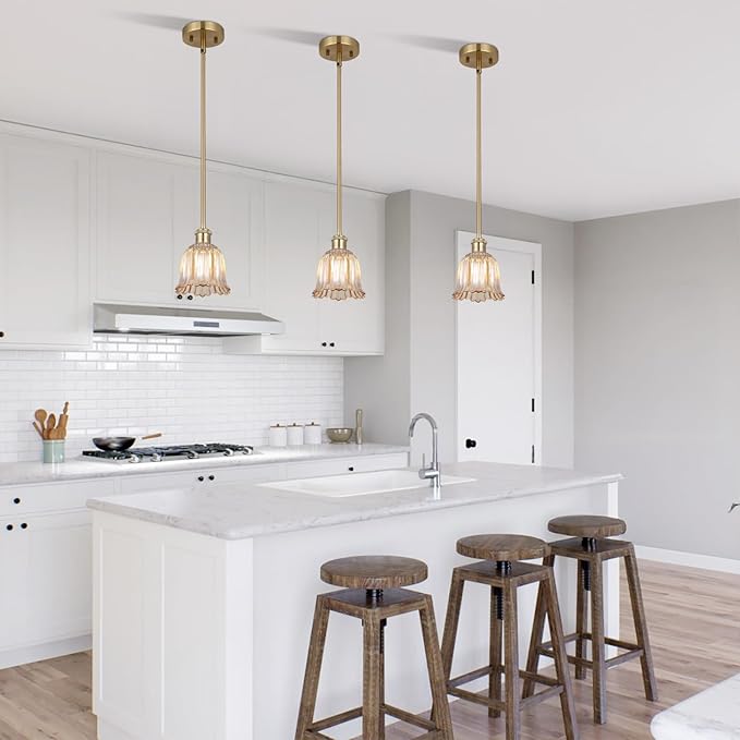 Modern Gold Pendant Light 3 Pack Brushed Brass Mid Century Chandelier Amber Glass Shades Adjustable Rods Farmhouse Ceiling Hanging Lighting Fixture Kitchen Island Dining Room Bedroom