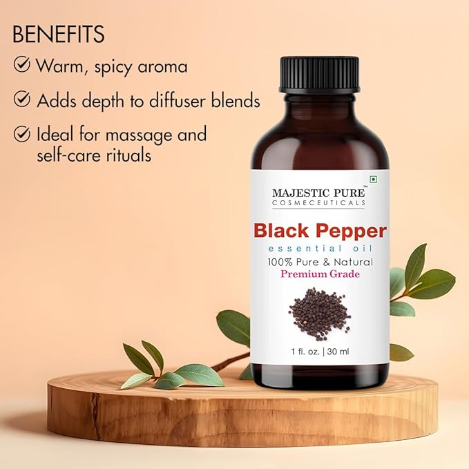 Majestic Pure Black Pepper Essential Oil with Glass Dropper - 1 Fl Oz - 100% Pure and Natural Black Pepper Oil - Premium Grade Essential Oils for Diffuser, Aromatherapy, Soap and Candle Making