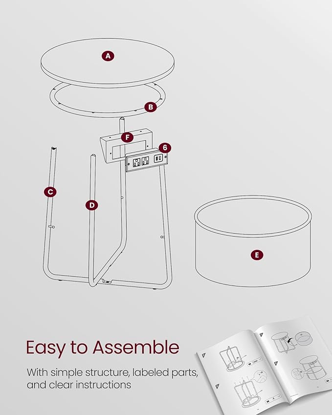 VASAGLE Side Table with Charging Station, Round End Table with Fabric Basket, Nightstand with Power Outlets, USB Ports, for Living Room, Bedroom, Modern, Dove Gray and Slate Gray ULET228G01
