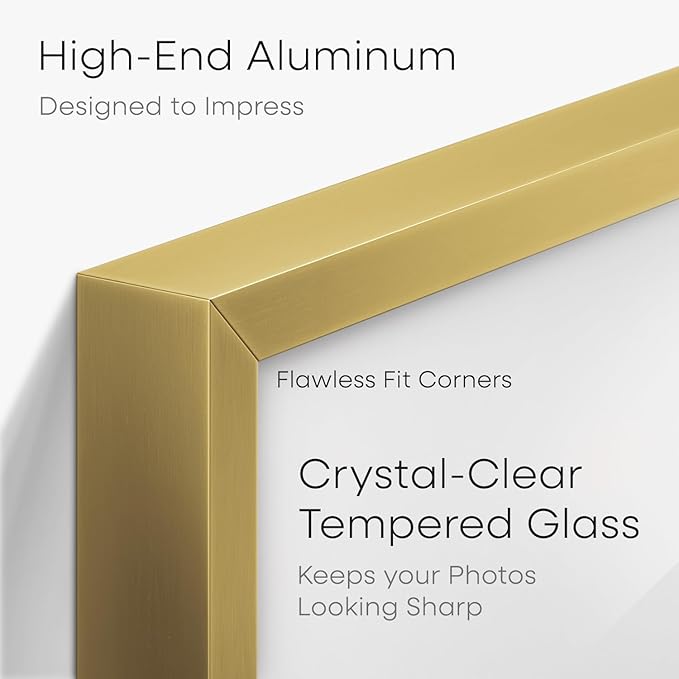Homeforia 8.5 by 11 Picture Frame Gold, High End Metal 8.5x11 Poster Frames with Mat 6x8 Photo, 8.5 x 11 Frame Matted to 6 x 8 Print, 8.5by11 Wall or Tabletop Frame, Tempered Glass, Wall Kit, Set of 1