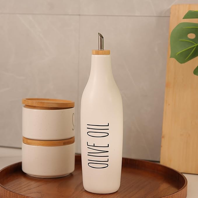 HOMCDALY Ceramic Olive Oil Dispenser for Kitchen, Stoneware 16oz Oil Cruet and Vinegar Bottles Dispenser, Kitchen Dispenser Bottle for EVOO Vinegar Syrups, Modern Farmhouse Design(W-O)