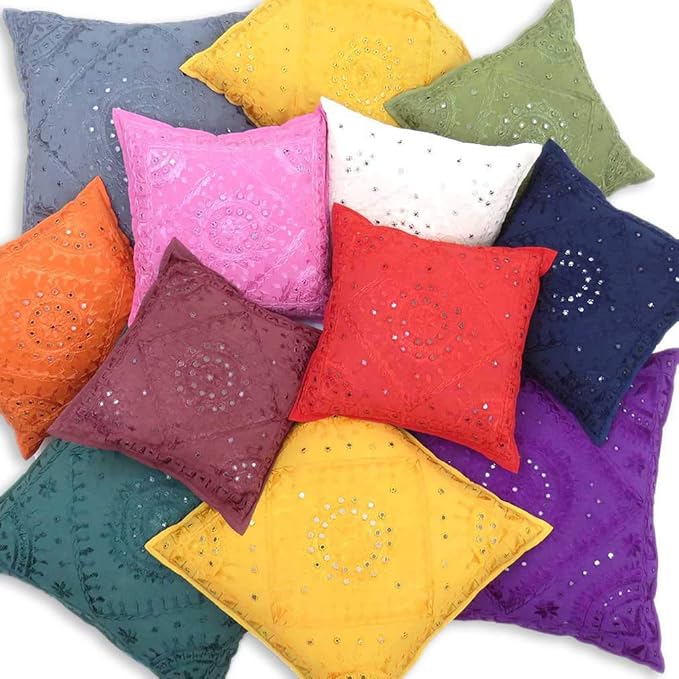 Eyes of India Embroidered Decorative Boho Throw Pillow Cover with Mirrors, Handmade Bohemian Accent Cushion Case for Sofa Couch Bedroom Living Room (White, 16" x 16")