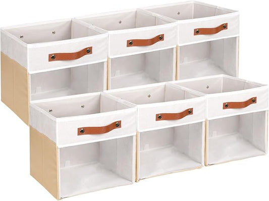 HNZIGE 11 Inch Foldable Fabric Storage Cubes - Clear Bins for Shelves, Canvas Cube Organizer Bins (White Beige 6 PCS)