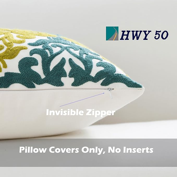 HWY 50 Decorative Throw Pillow Covers 18x18 Inch (1 Piece), Embroidered Cotton Farmhouse Cushion Cover Pillow Case for Sofa Couch Living Room Bed Bedroon, Blue and Green Floral Geometric