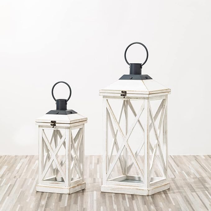 Glitzhome Mondern Farmhouse Wooden Lantern Hanging Decorative Candle Lantern for Outdoor & Indoor Wash White Set of 2 (No Glass)