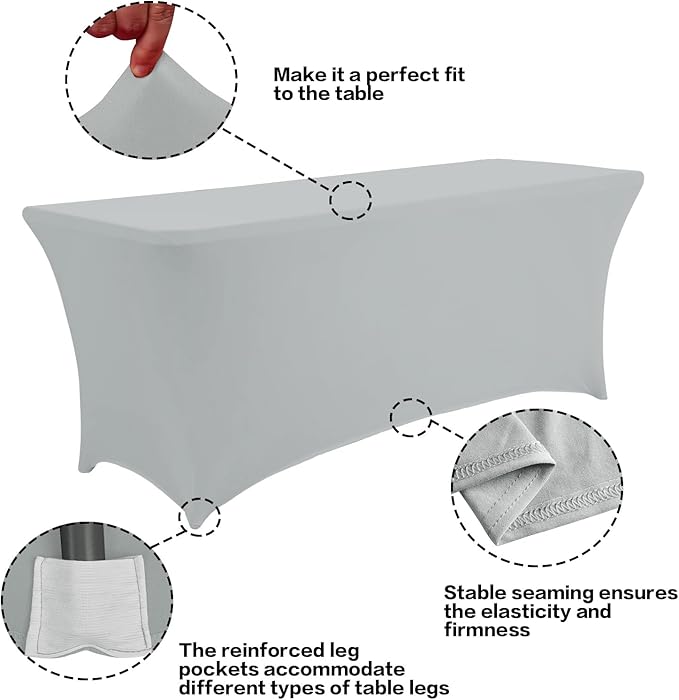 IVAPUPU 8FT Table Cloth for Rectangular Fitted Events Stretch Grey Table Covers Washable Cover Spandex Tablecloth Protector for Party, Wedding, Cocktail, Banquet, Festival