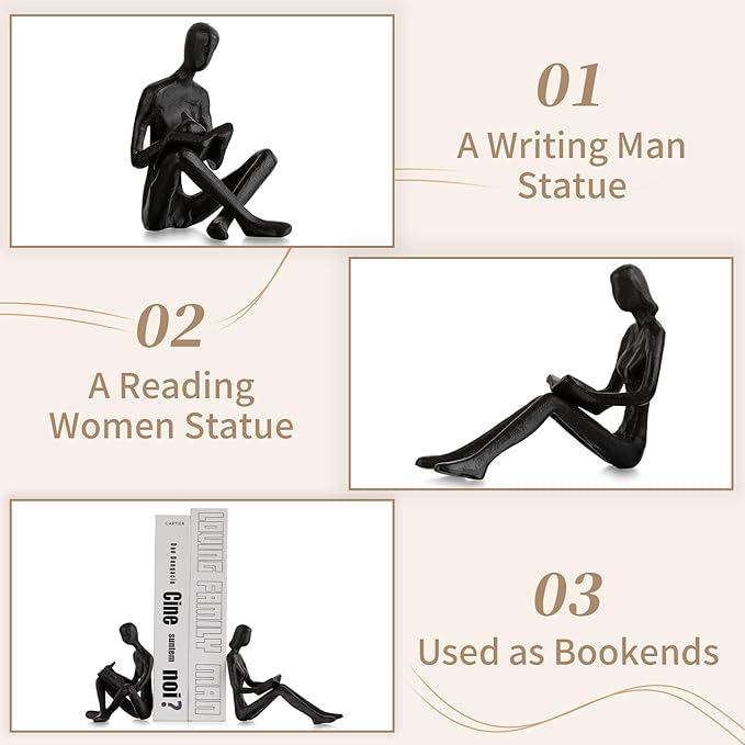 Sziqiqi Book Ends for Shelves Decorative - Cast Iron Bookends for Books Reading Couple Bookshelf Decorative Objects Metal Modern Statue Sculpture Gift for Readers Book Lovers Nerd