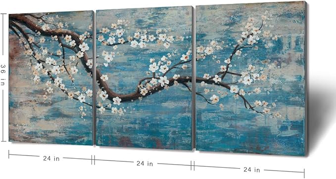 amatop Extra Large Wall Art for Living Room 100% Hand-Painted Framed Decorative Plum Floral Oil Painting Set Decorative Modern Blue Tree Artwork Ready to Hang