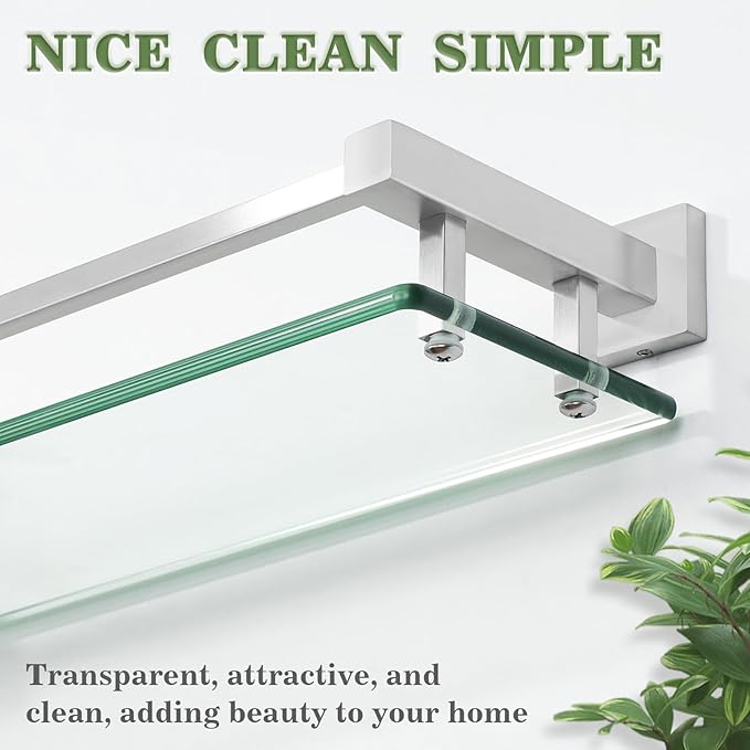 Alise Bathroom Glass Shelf with Stainless Steel Railing, Brushed Nickel Small Tempered Glass Floating Wall Shelf Over The Toilet, 16 inch